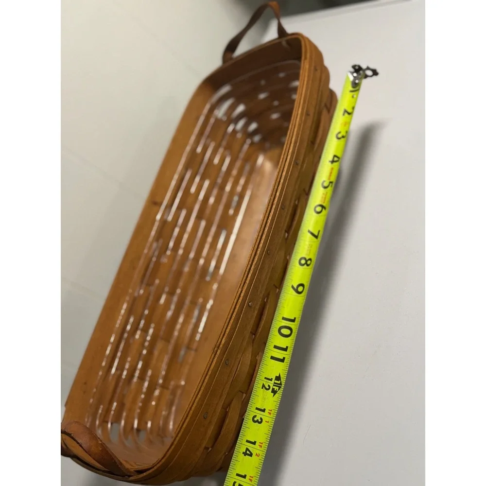 VTG Longaberger Basket Rectangle Brown Woven Leather Handles Plastic Liner 1991